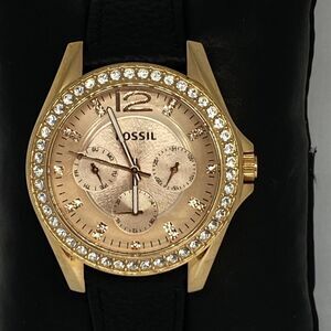 Fossil Riley ES2811 Women Black Leather Rose Gold Analog Dial Quartz Watch RK410